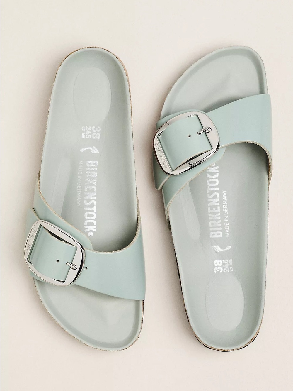 Birkenstock Single-Strap Slide in Pale Mint with Silver Buckle